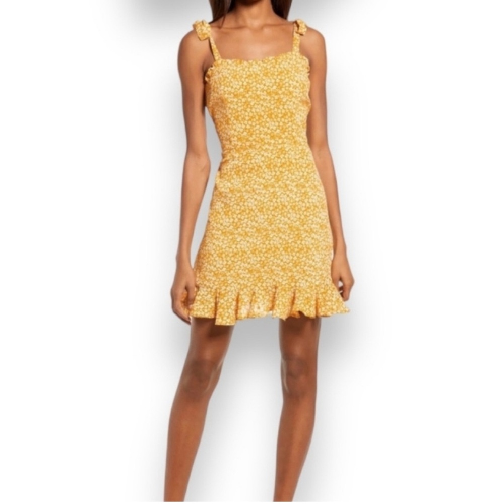Bardot Mustard Yellow Ditsy Floral Mini Dress. Ruffled Hem. Great Cond Size M